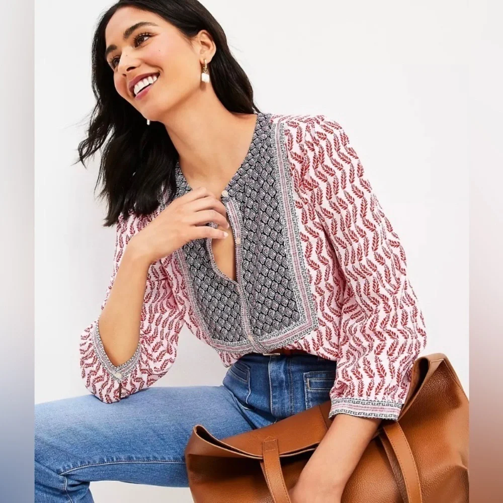 Loft Boho Leaf Bib Blouse Flowy Cottagecore Peasant Feminine Sz S